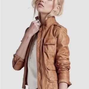 Lucky Brand Tan 100% Lamb Leather Zip Up Jacket